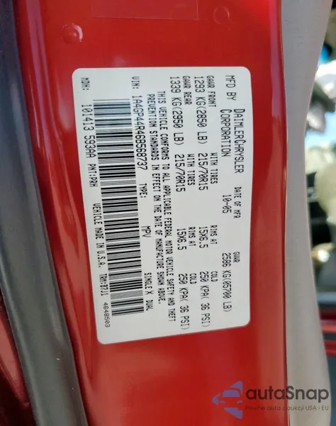 2006 Chrysler Town & Country Lx из США, поврежденный, VIN 1A4GP44R46B568737